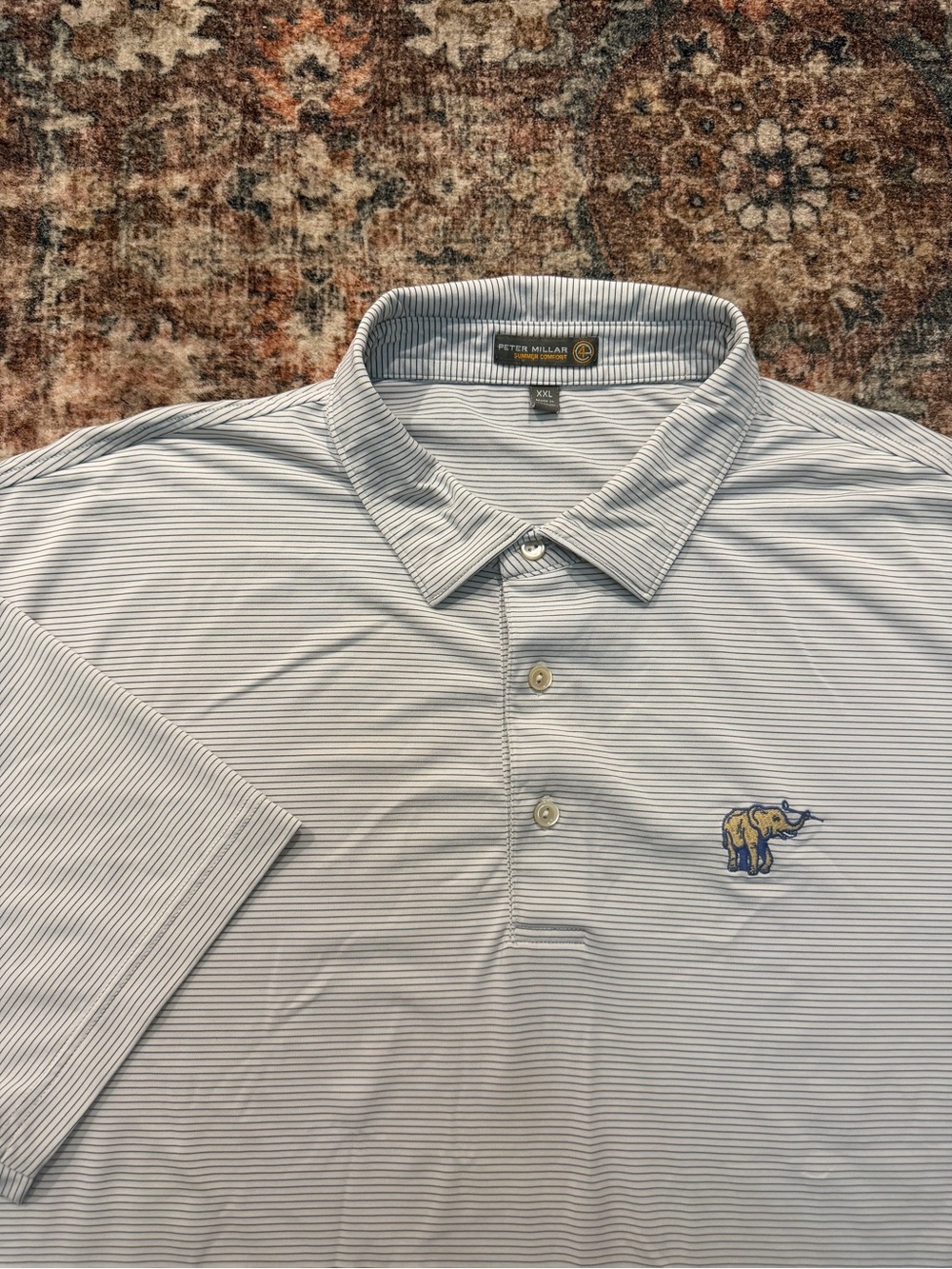 Peter Millar Men's Light Grey Micro-Striped Polo with Embroidered Elephant
